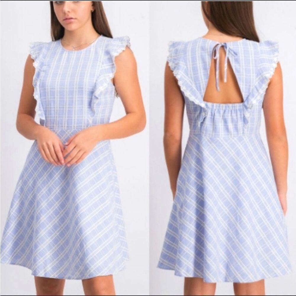DRAPER JAMES | Linen Blend Blue Plaid Pinafore Ruffle Dress Women’s Size 10